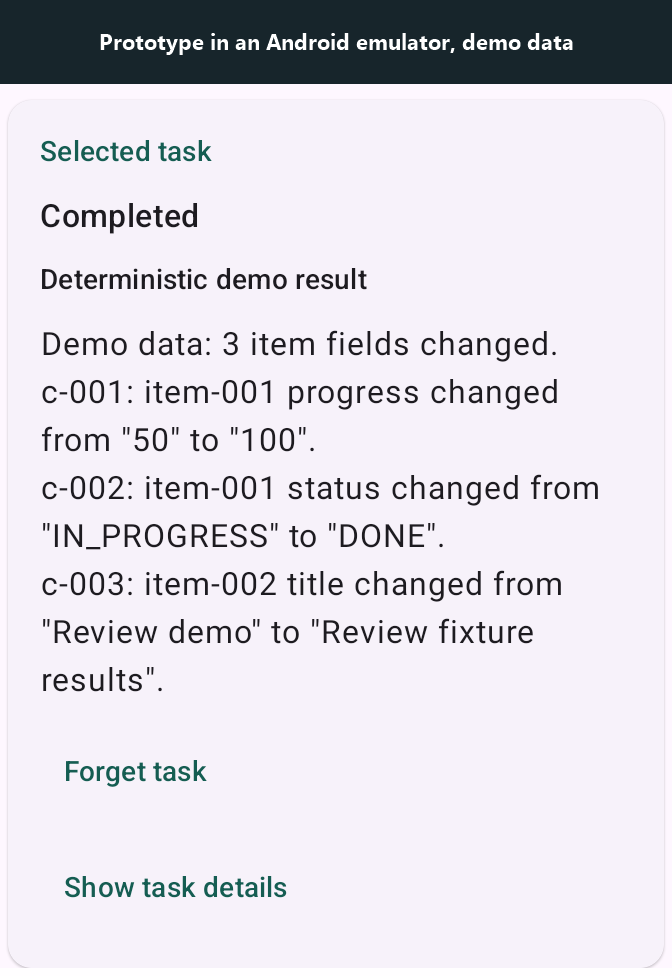 Screenshot of the prototype's result card in an Android emulator, labelled: Prototype in an Android emulator, demo data. It reads: Demo data: 3 item fields changed, then lists c-001, c-002 and c-003 with their old and new values.
